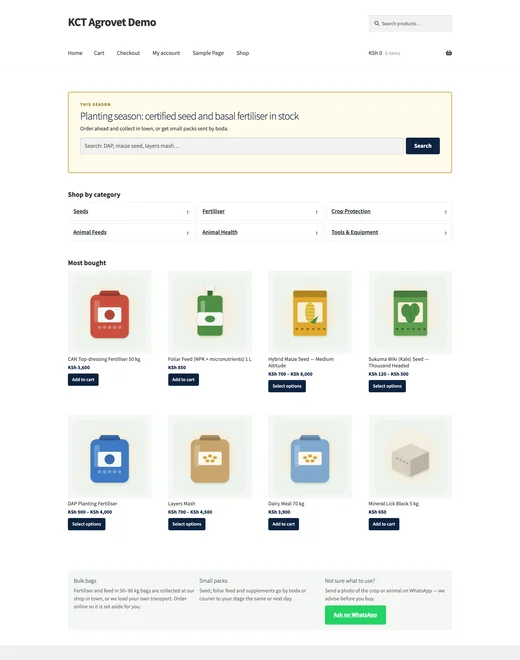Home page of the Agrovet & Farm Inputs store template