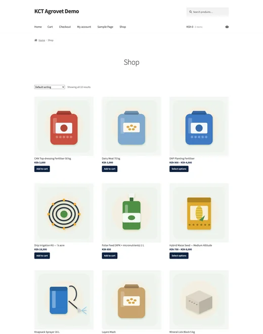 Shop page of the Agrovet & Farm Inputs store template