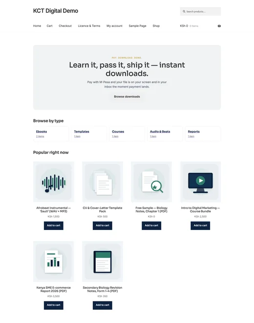 Home page of the Digital Downloads store template