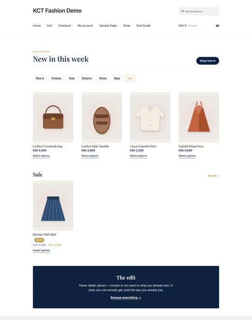 Home page of the Fashion store template