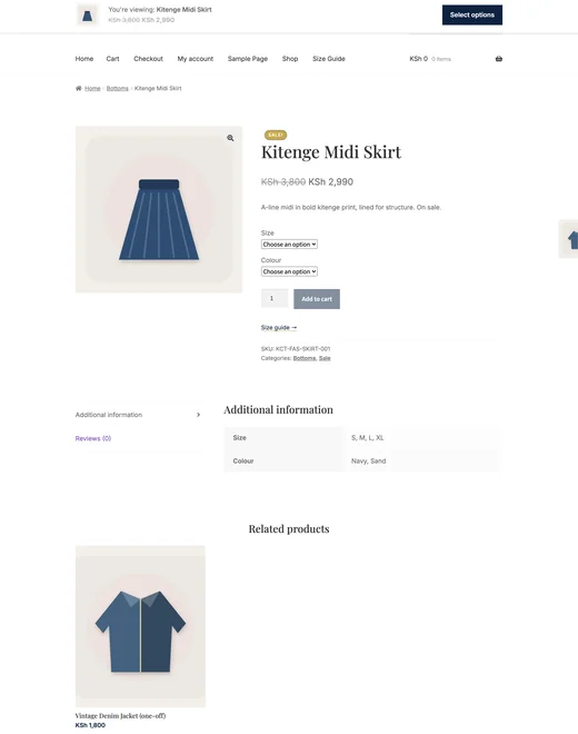 Product page of the Fashion store template