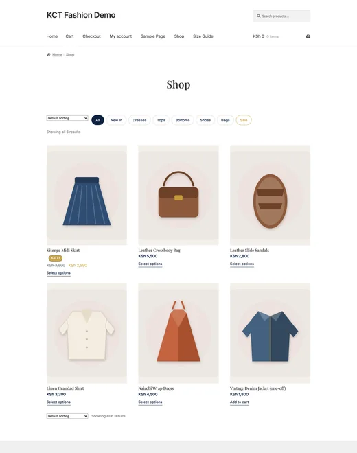 Shop page of the Fashion store template