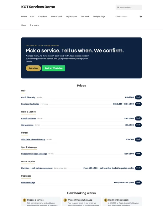Home page of the Services & Bookings store template