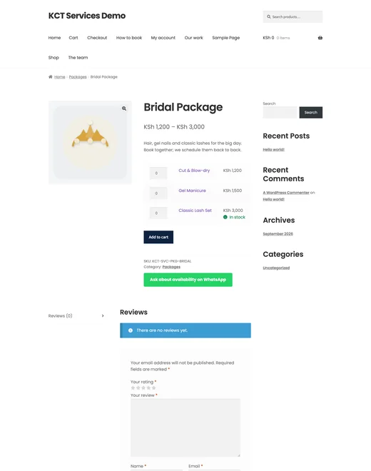 Product page of the Services & Bookings store template