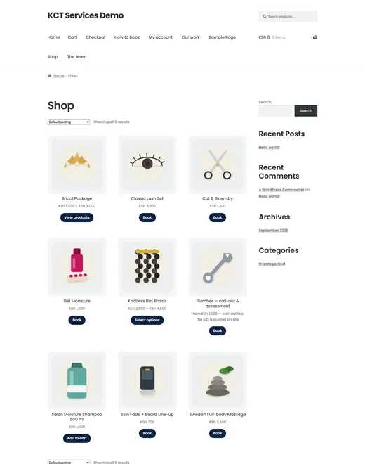 Shop page of the Services & Bookings store template